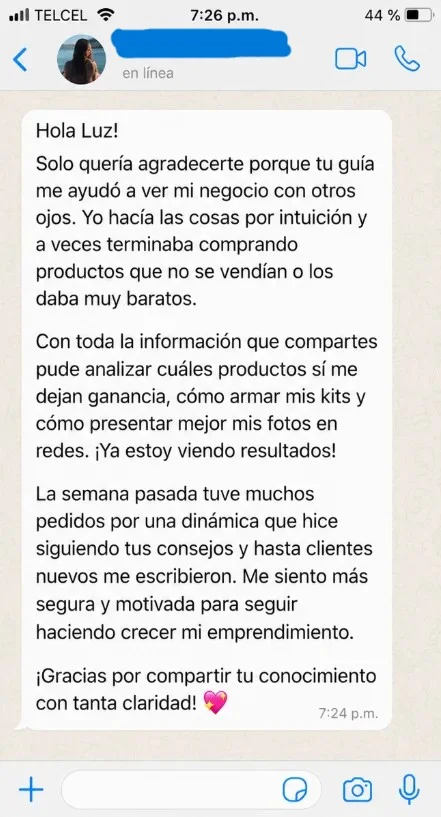 Captura real de conversación de WhatsApp, testimonio 5 de 5