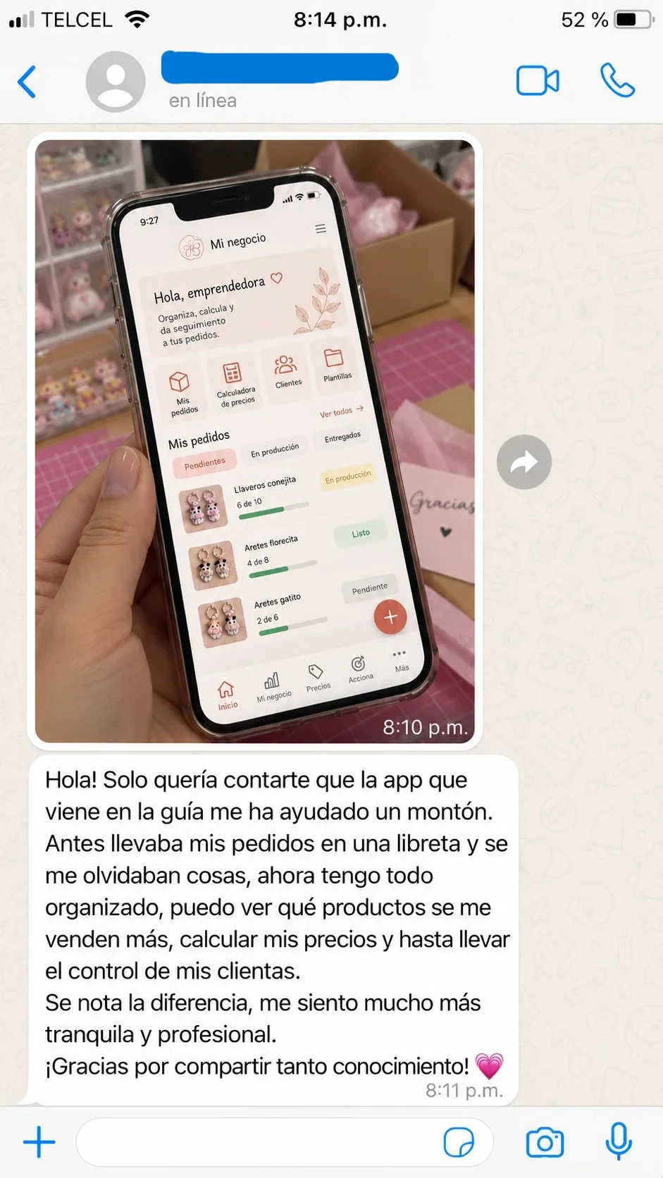 Captura real de conversación de WhatsApp, testimonio 3 de 5
